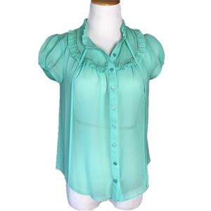 Mint sheer ruffle Button down blouse